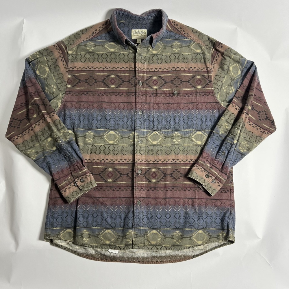 VTG Cabelas Mens Regular L Aztec Print Cotton Button Up Long Sleeve Shirt